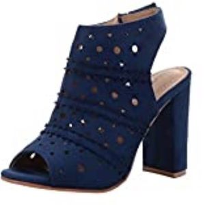 Peep toe sling back, stacked heel booties, 9